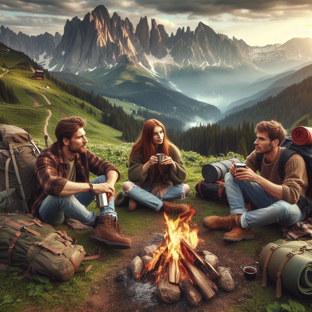 Three hikers around a campfire on a mountain hillside with backpacks and rugged peaks behind them