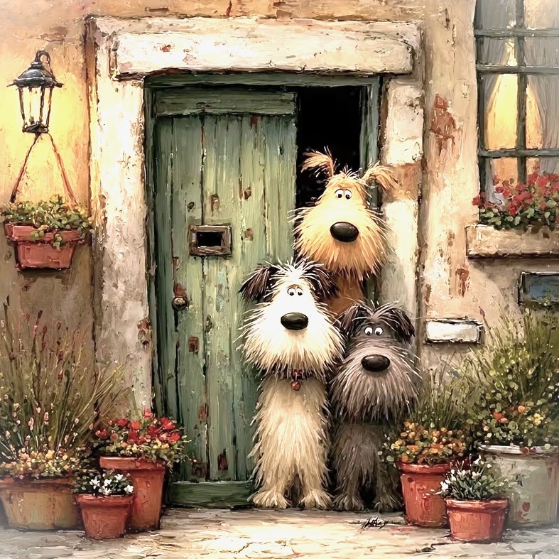Three fluffy dogs sitting in front of a green cottage door with flower pots