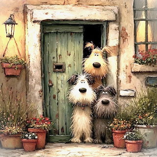 Three Dogs at Cottage Door