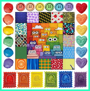 Grid of colorful cartoon cats in decorated boxes with rainbow buttons, hearts and stamps border