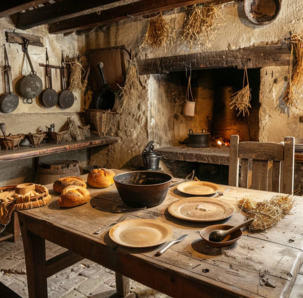 Rustic stone country kitchen with wooden table, fireplace, hanging copper pots and dried herbs