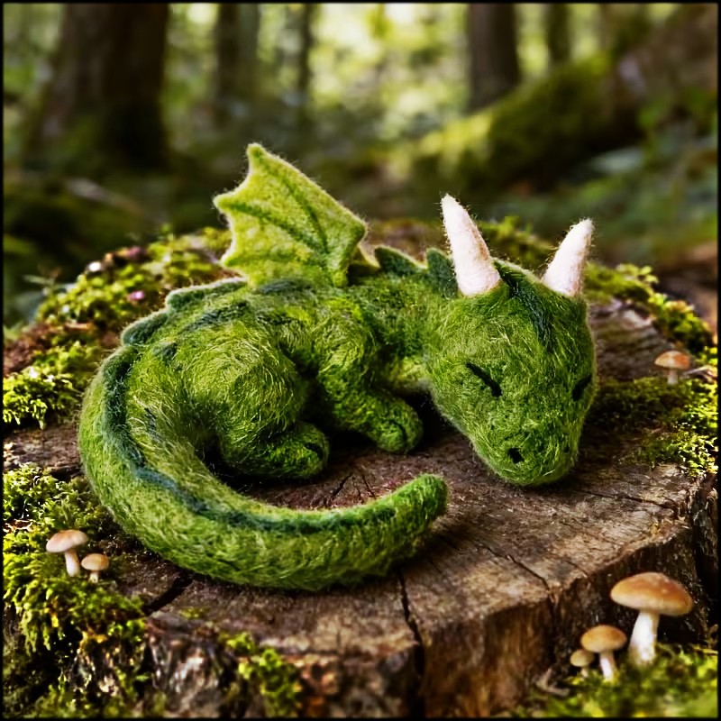 Green felt dragon figurine sleeping on a tree stump in a mossy forest