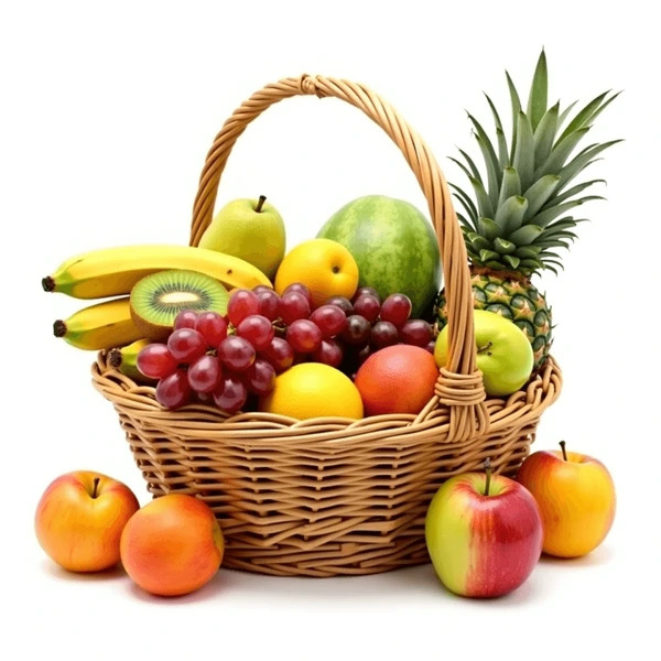 Wicker basket of assorted fresh fruit on a white background