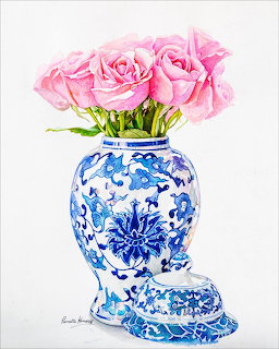 Watercolor painting of pink roses in a blue and white Chinese porcelain vase with lid