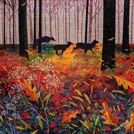 Colorful painting of deer in an autumn forest with bright flowers and foliage