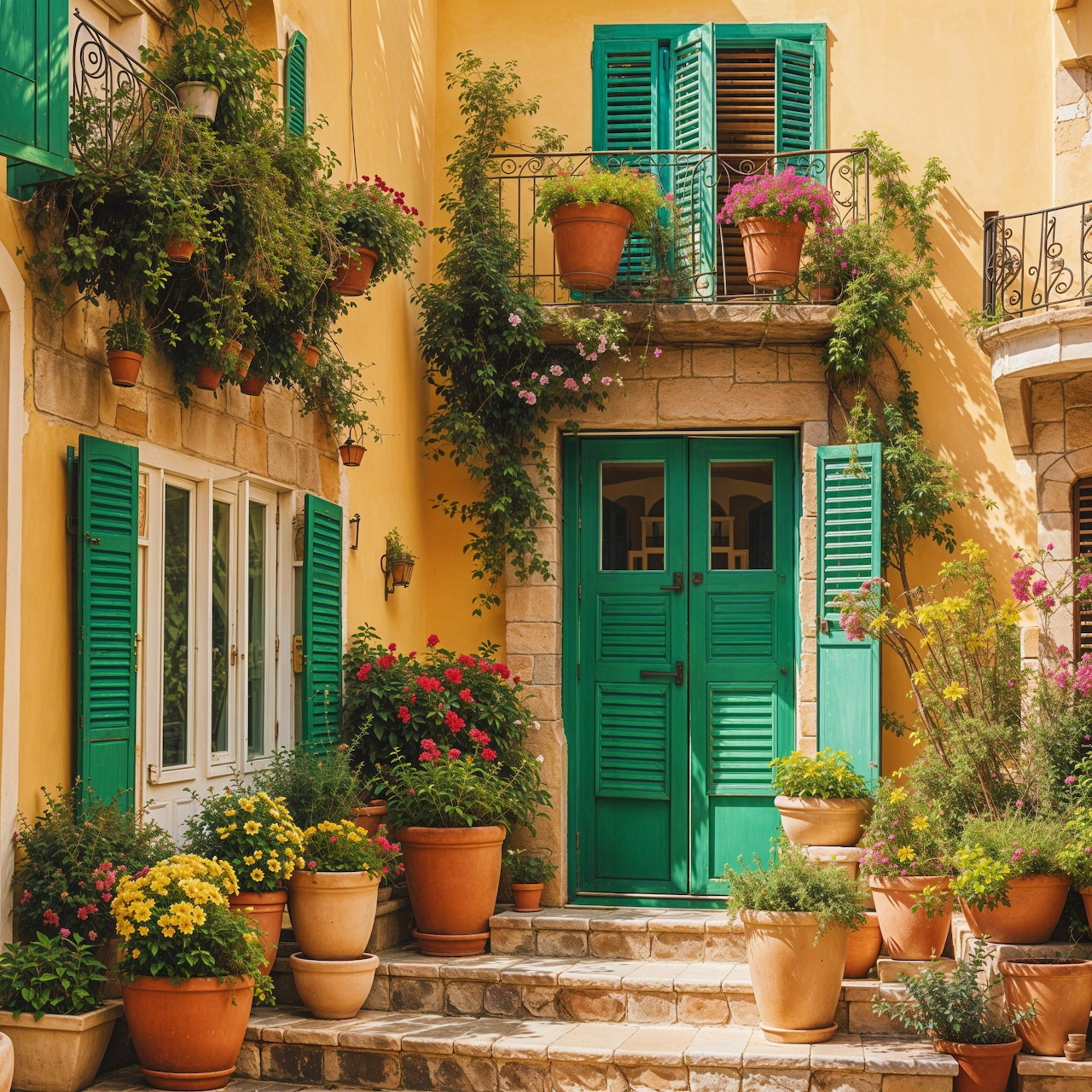 Green shuttered door on yellow Mediterranean building with potted plants and flowers on stone steps