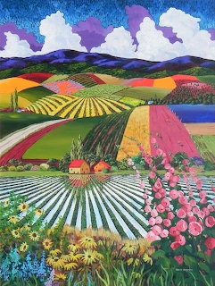 Vibrant mixed media painting of rolling agricultural fields in rainbow colors with mountains, clouds, and a small house
