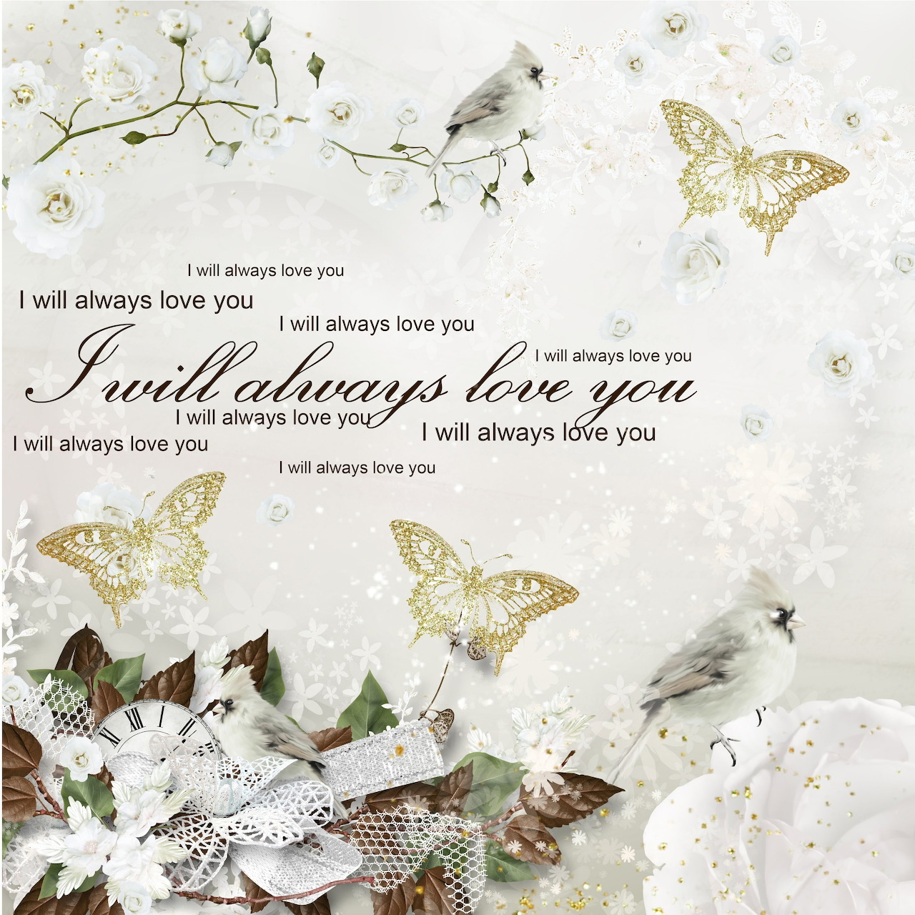 Vintage romantic illustration with love text, white flowers, birds, and gold butterflies