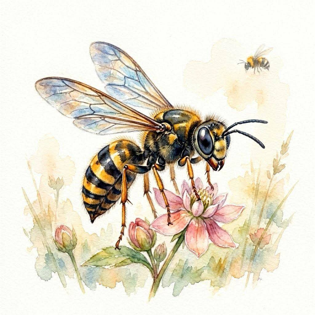 Watercolor-style bee beside pink flowers on a pale background