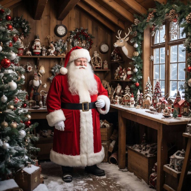 Santa Claus standing in cozy Christmas workshop with decorated trees and holiday decorations