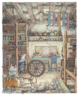 Watercolor illustration of cozy vintage textile mill with loom, spinning wheel, and shelves of yarn and fabric