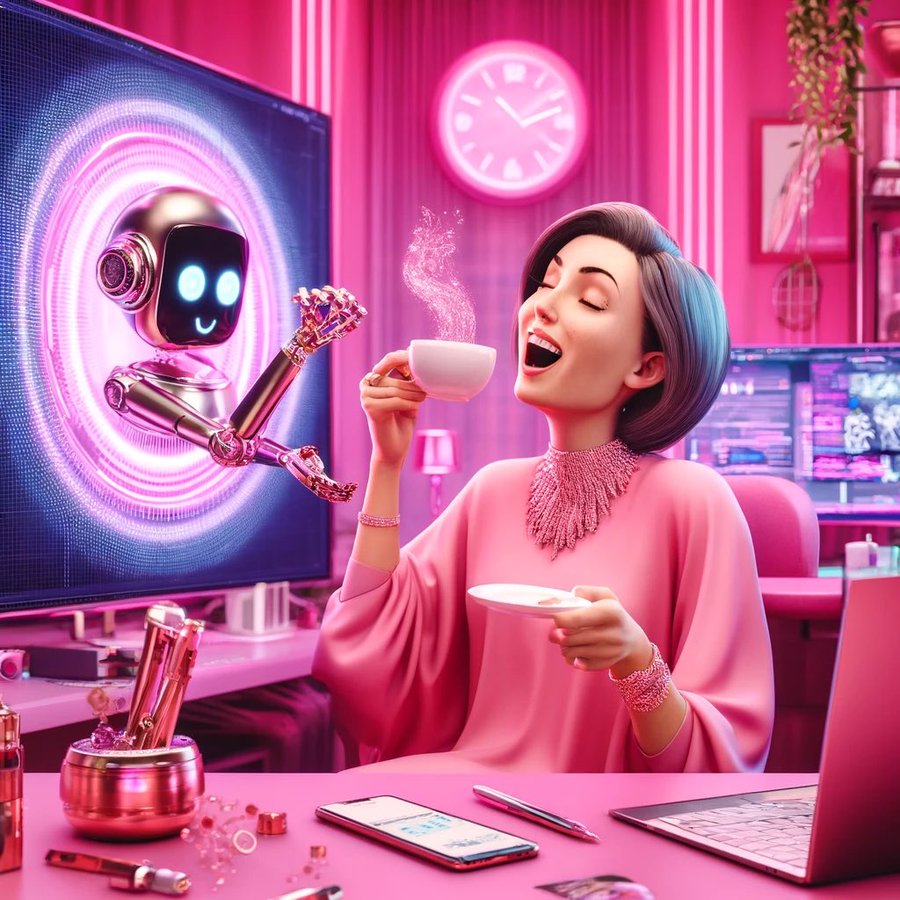 Woman in pink sipping tea beside a screen with a cute robot in a neon futuristic room