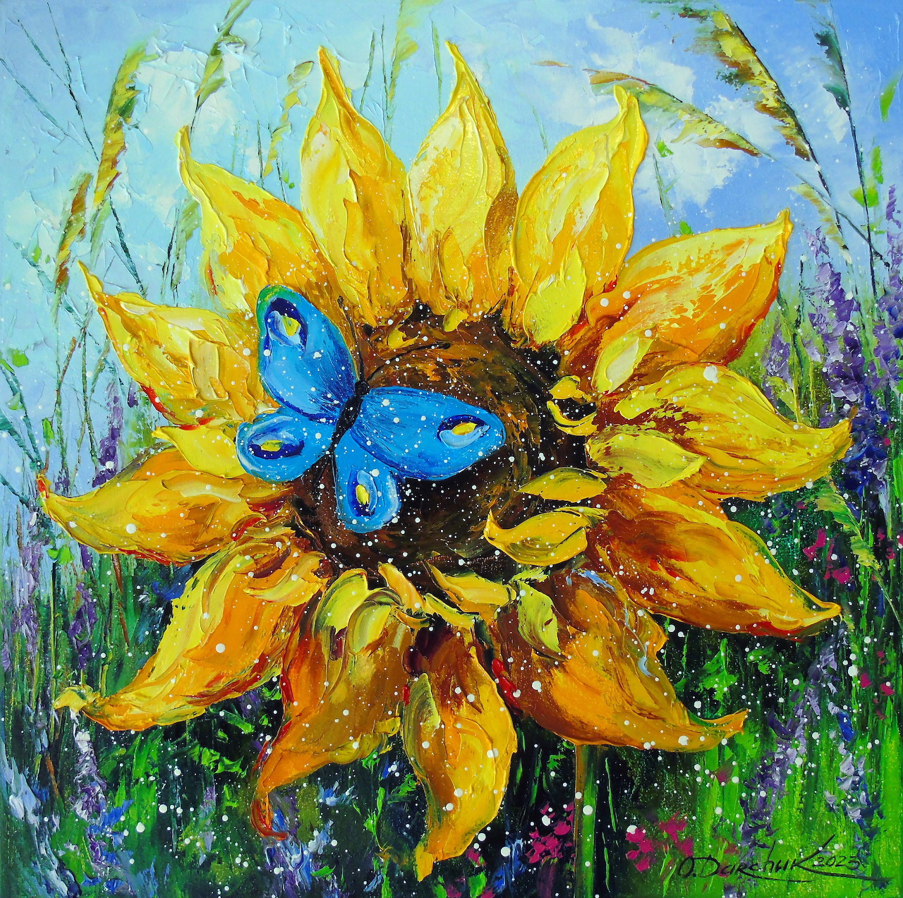Sunflower with Blue Butterfly