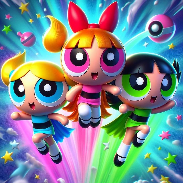 Three cartoon superhero girls with oversized eyes flying in formation against a vibrant rainbow starburst background