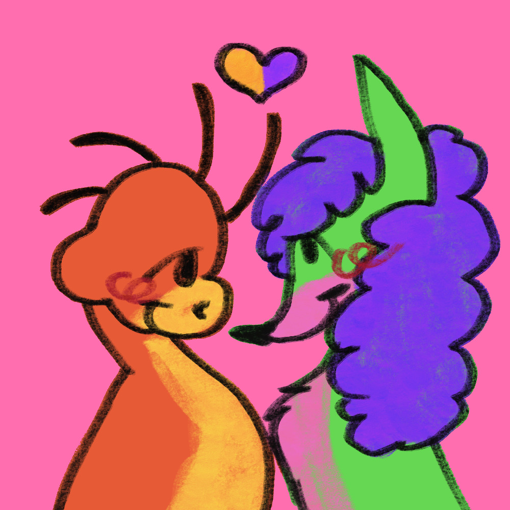 Cartoon drawing of two colorful alpacas facing each other with a heart above on a pink background