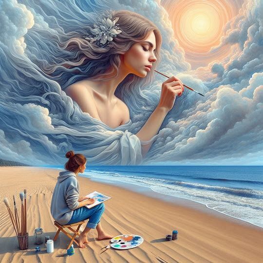 Digital fantasy art of celestial woman in clouds above beach with artist painting below