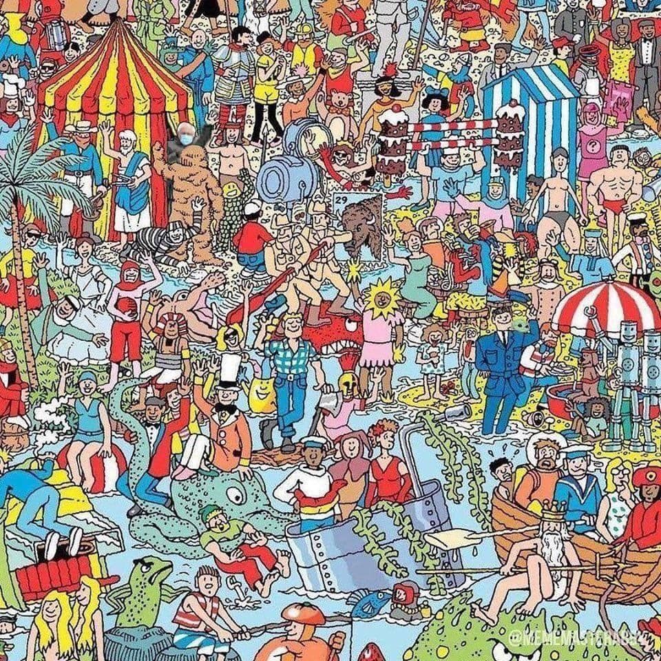 Dense cartoon illustration showing a crowded beach scene with striped tents, many people, and colorful summer activities