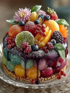 Multi-layer cake decorated with colorful fresh fruits, berries, lime slices, and purple flowers with sugar dusting