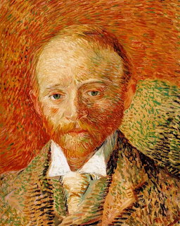 Van Gogh painting of a red-bearded man in a green coat with vibrant orange background