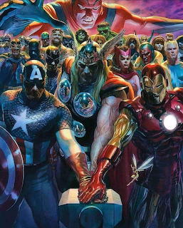 Colorful Marvel superhero team illustration with Captain America's shield, Iron Man's armor, and other heroes