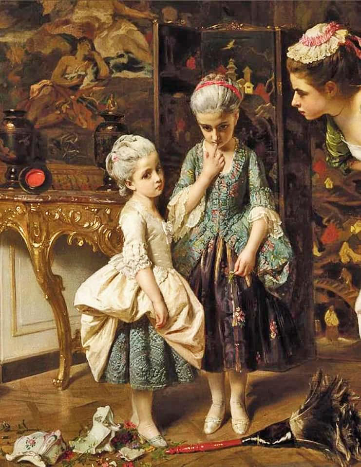 Oil painting of two children in Victorian-era dress standing before an ornate folding screen in a richly decorated interior