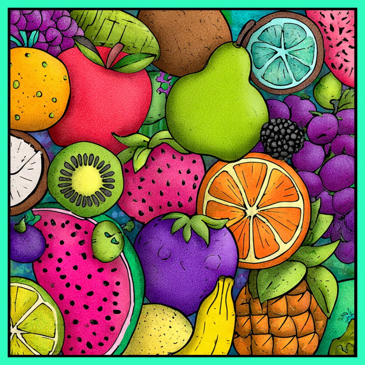 Colorful illustration of various fruits densely arranged including watermelon, pineapple, orange, kiwi, grapes, and banana