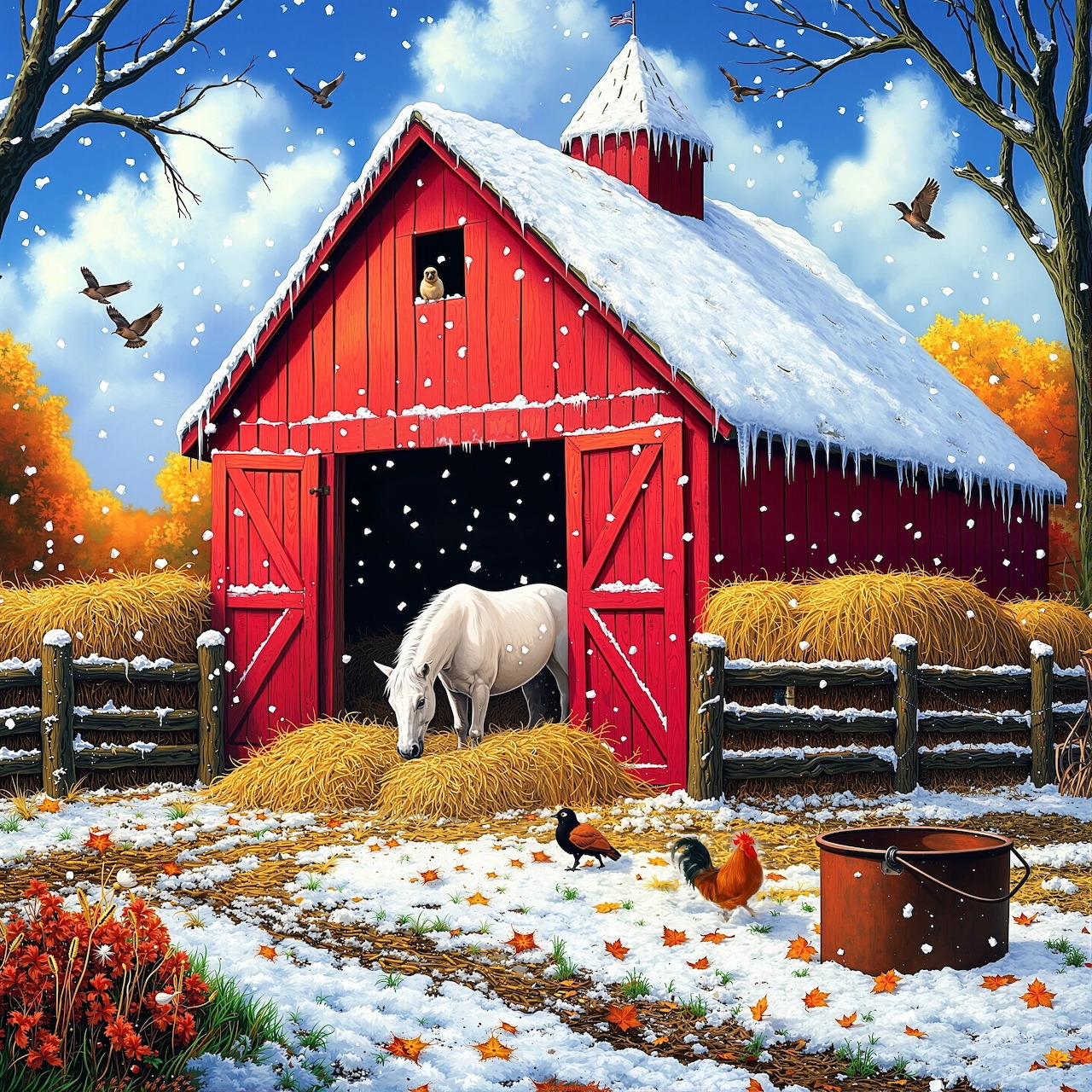 White horse in red barn with snow-covered roof, hay bales, chickens in foreground, winter farm scene