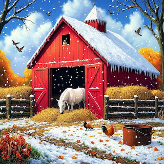 Red Barn Winter Farm Scene