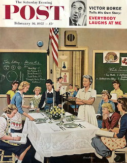 Vintage magazine cover showing a classroom lesson around a dining table with several women and chalkboards