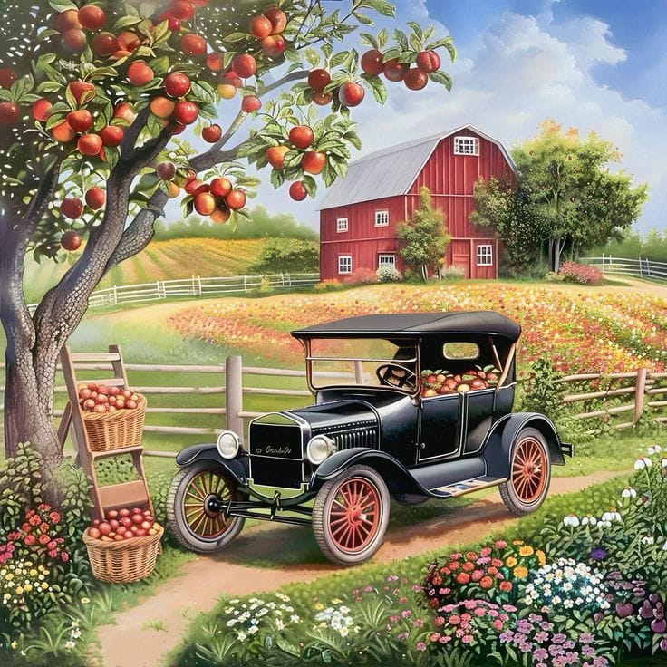 Vintage black car parked on farm with red barn, apple tree, and flower garden