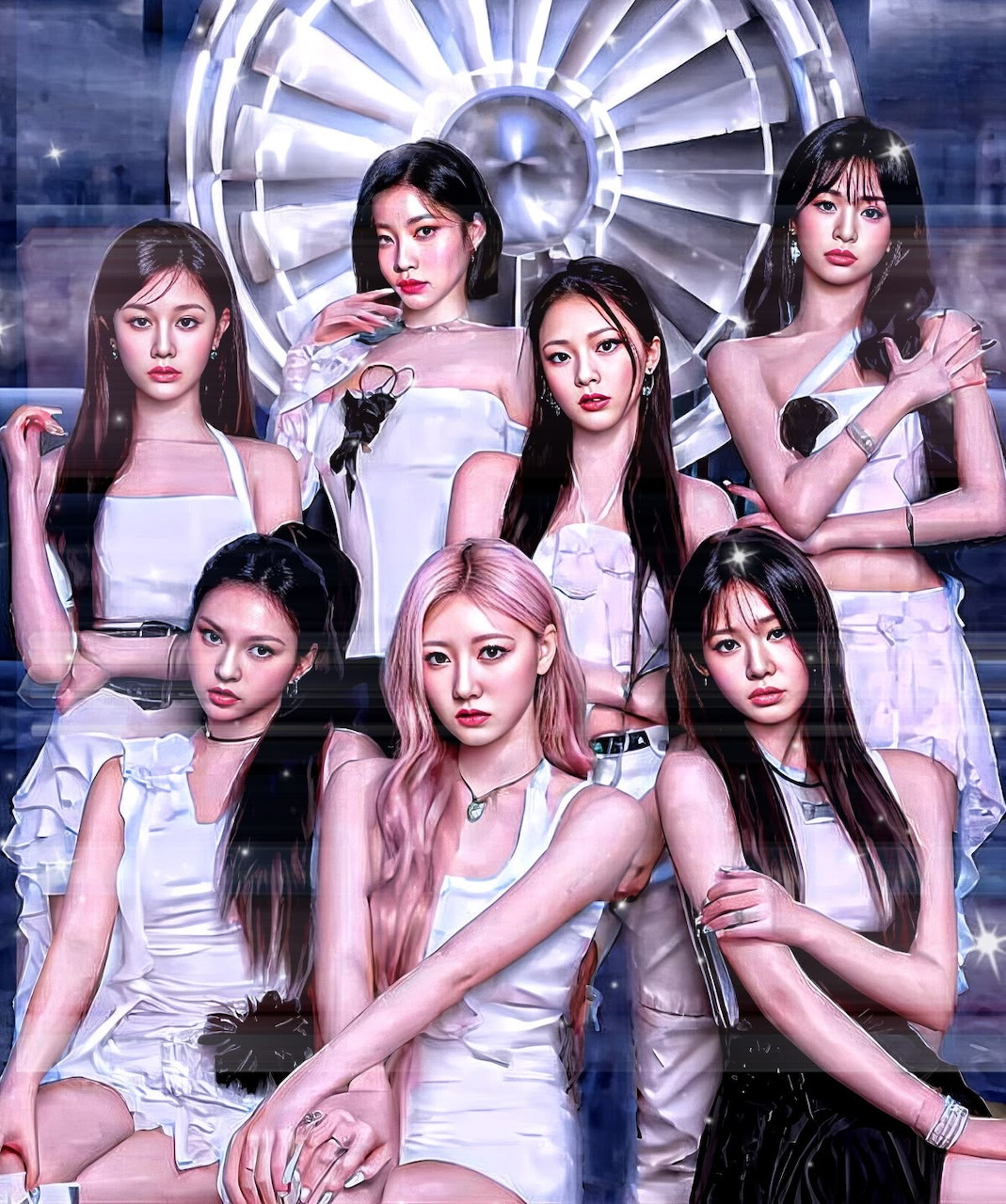 Seven women in white formal wear posed before a large circular metallic structure with blue-tinted lighting