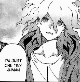 Black-and-white manga drawing of Nagito with tousled hair and a speech bubble