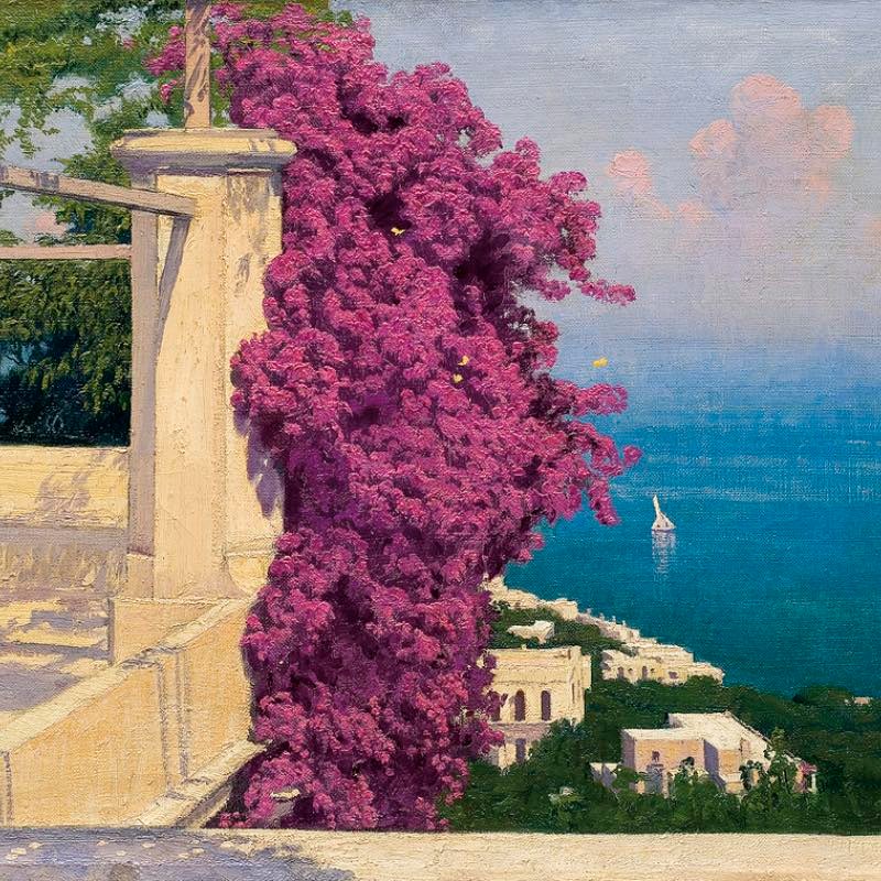 Painting of purple bougainvillea on a stone terrace with coastal sea view and distant sailboat