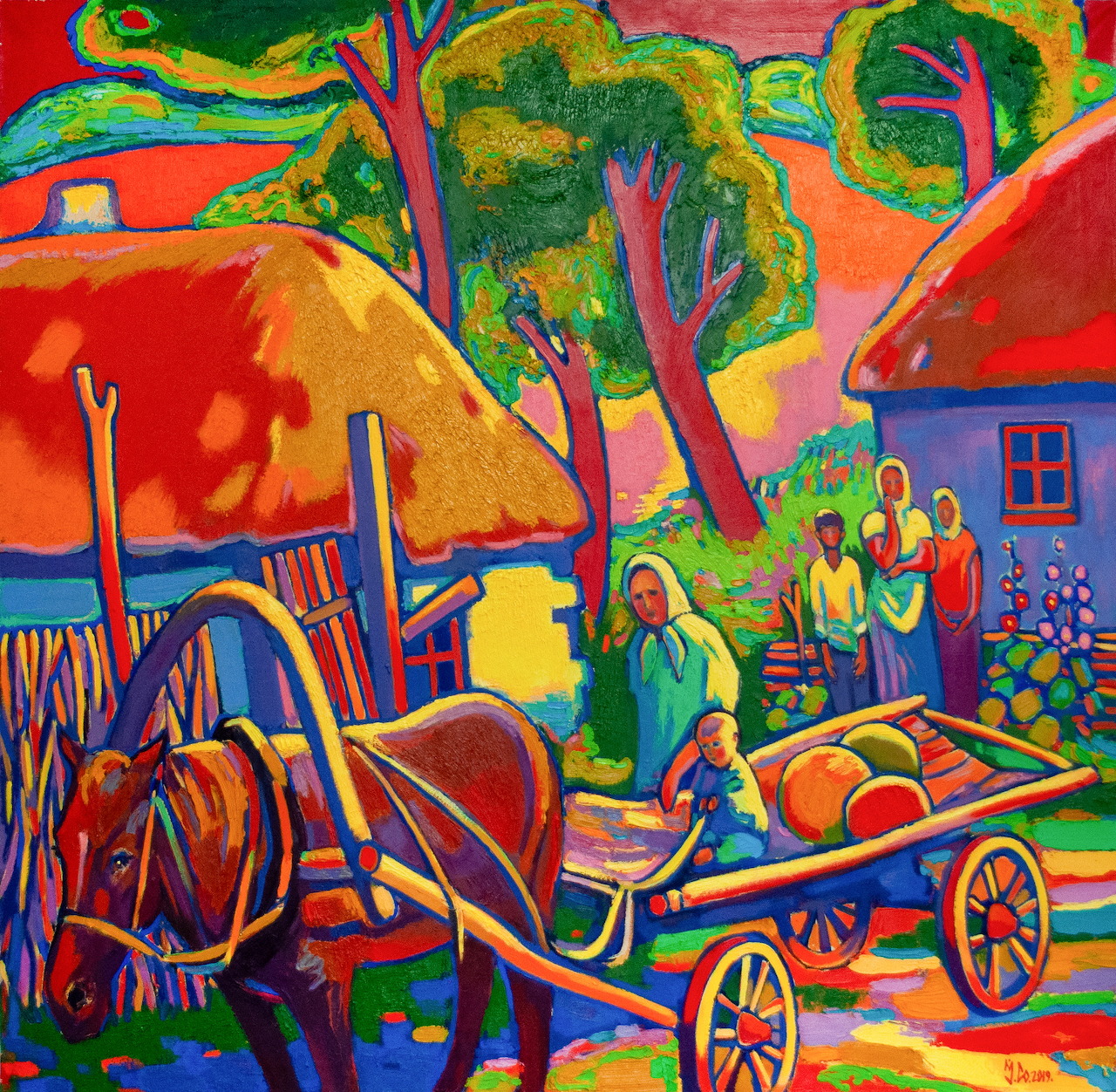 Colorful folk painting of Ukrainian village scene with thatched houses, carts, and figures in traditional clothing