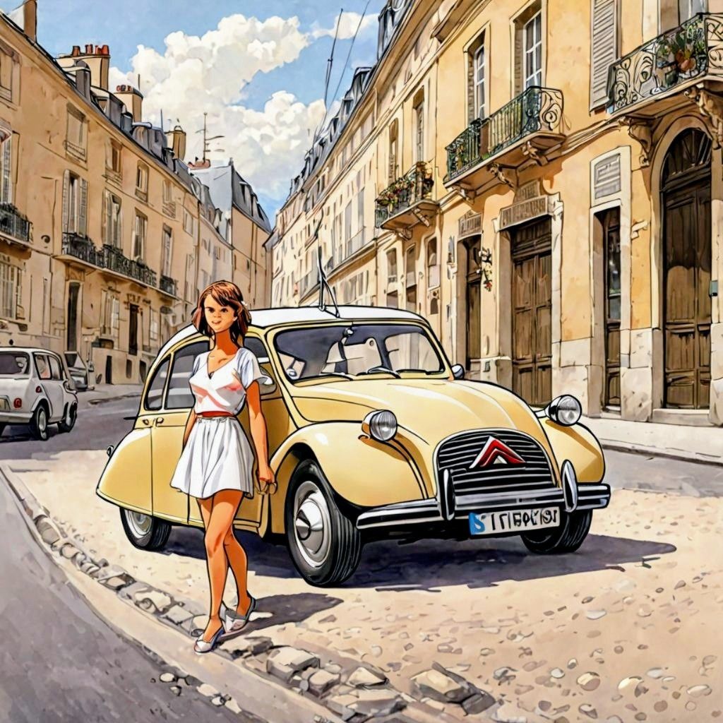 Woman with Vintage Yellow Car