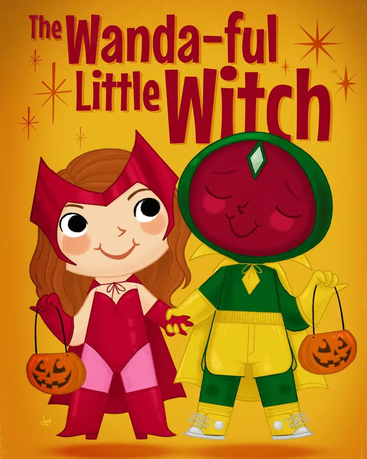 Cartoon Wanda and Vision characters in superhero costumes with Halloween pumpkins on yellow background