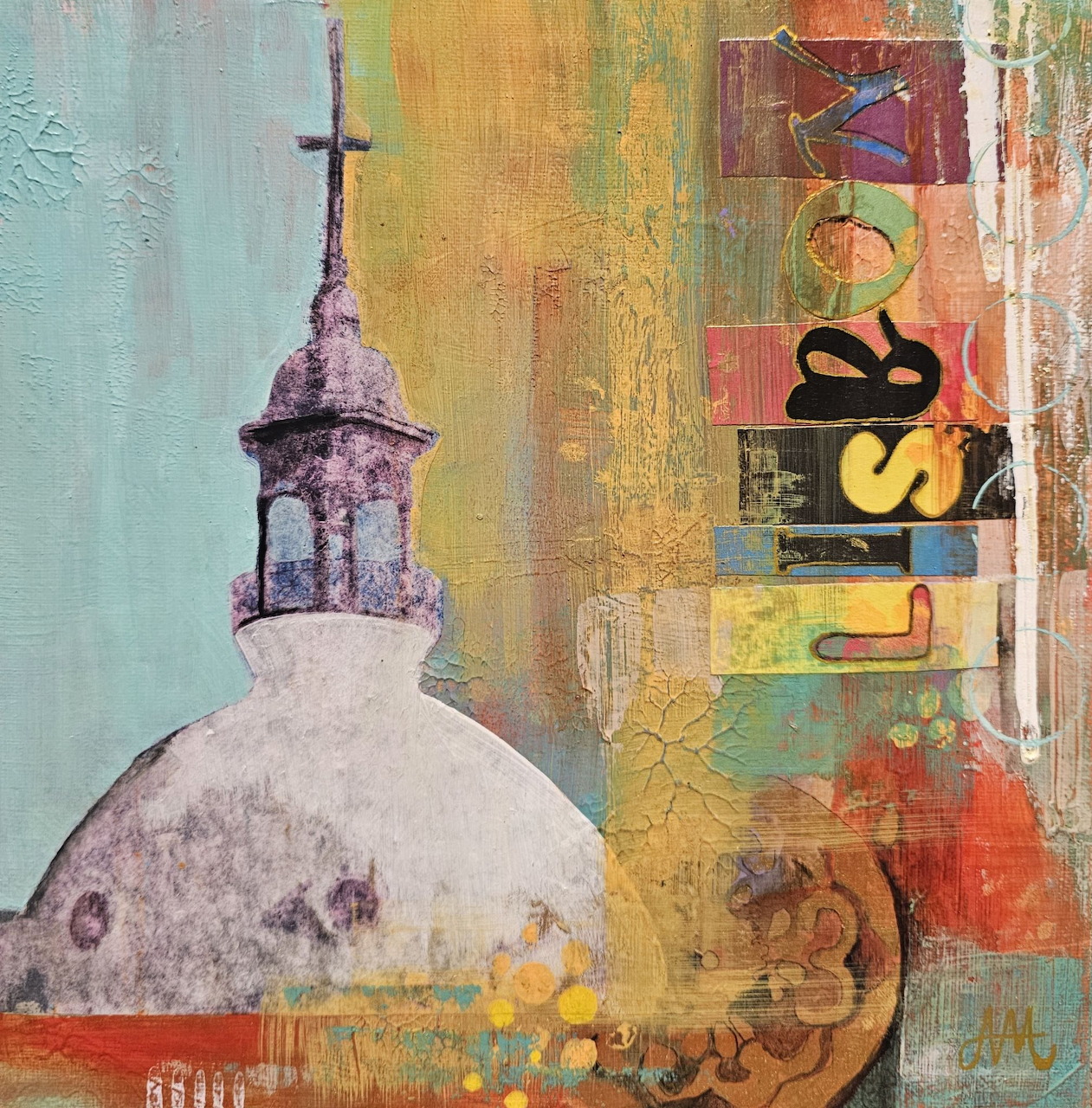 Abstract collage painting with a white dome and colorful vertical letters on a textured background
