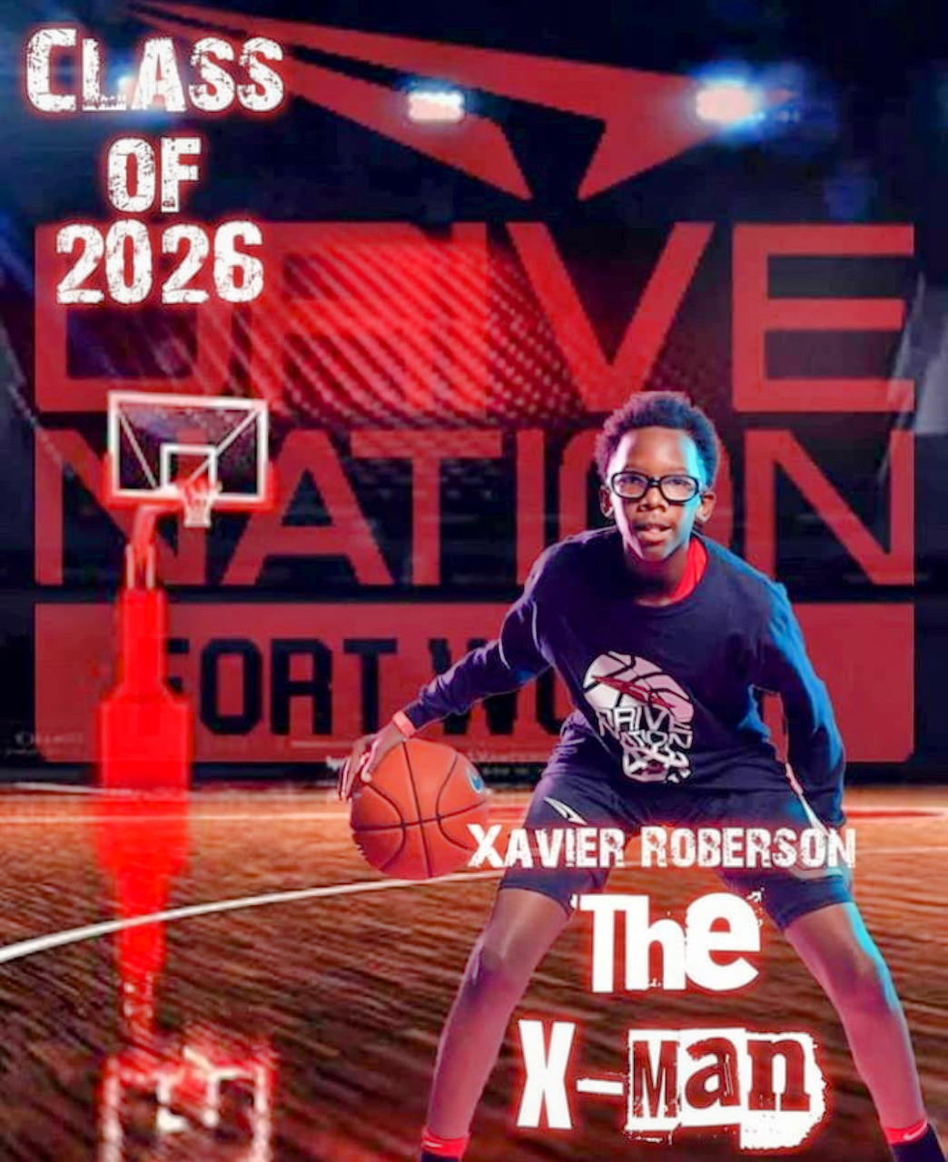 Young basketball player Xavier Roberson holding a ball on an indoor court, Class of 2026 poster