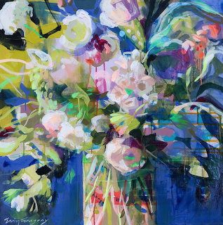 Abstract expressionist painting of a colorful flower bouquet with bold brushstrokes in blue, pink, yellow, and green