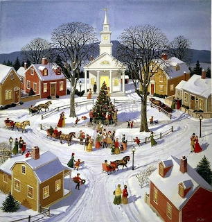 Snowy village square at Christmas with church, decorated tree, horse sleighs, and people gathering around colonial buildings