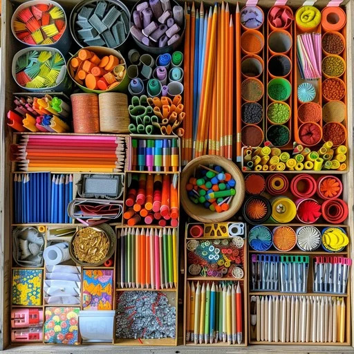 Overhead view of colorful art supplies organized in wooden compartments including pencils, paints, and beads
