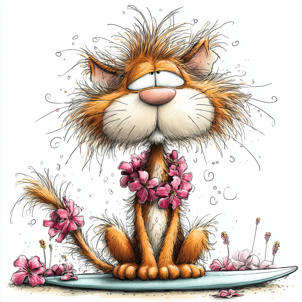 Fluffy orange and white cartoon cat sitting on surfboard holding pink flowers with whimsical expression