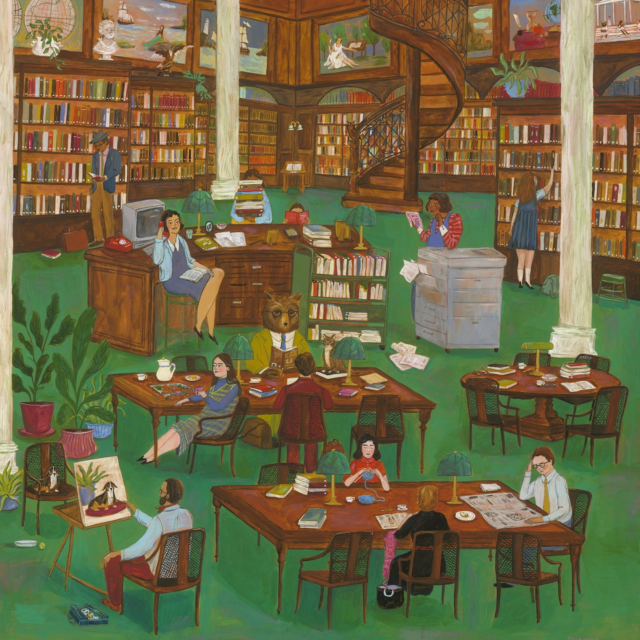 Illustrated library scene with readers at tables among bookshelves and green decor