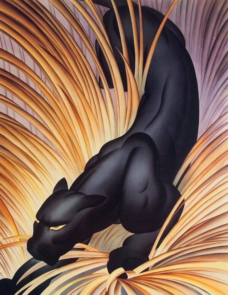 Art Deco painting of a black panther crouching among stylized golden and orange palm leaves