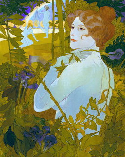 Art Nouveau portrait of woman with red hair among yellow and purple iris flowers