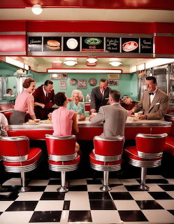 Vintage 1950s diner with red stools, checkered floor, customers at counter