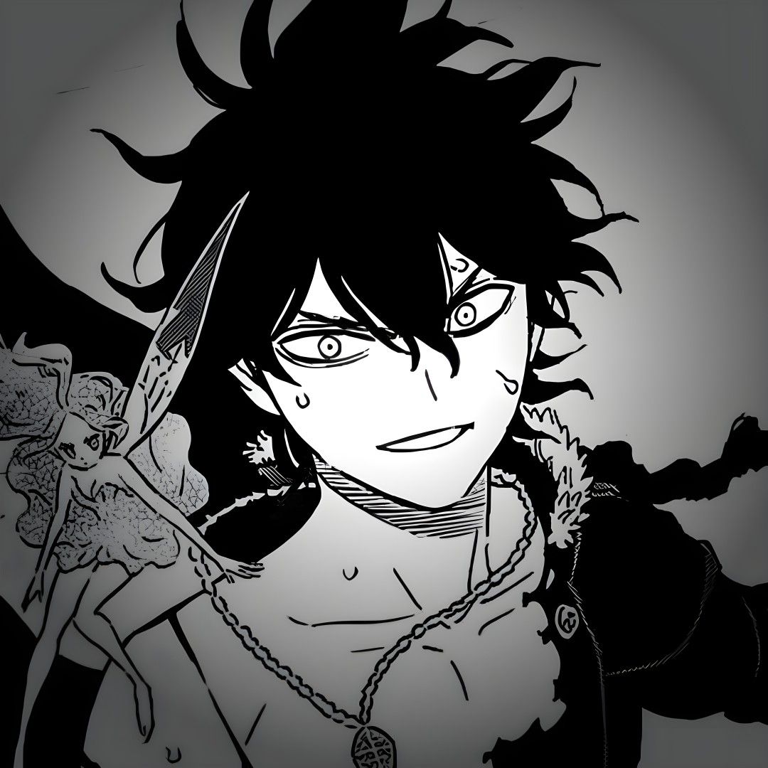 Black-and-white anime character with spiky hair, sharp eyes, and a small fairy on a sword
