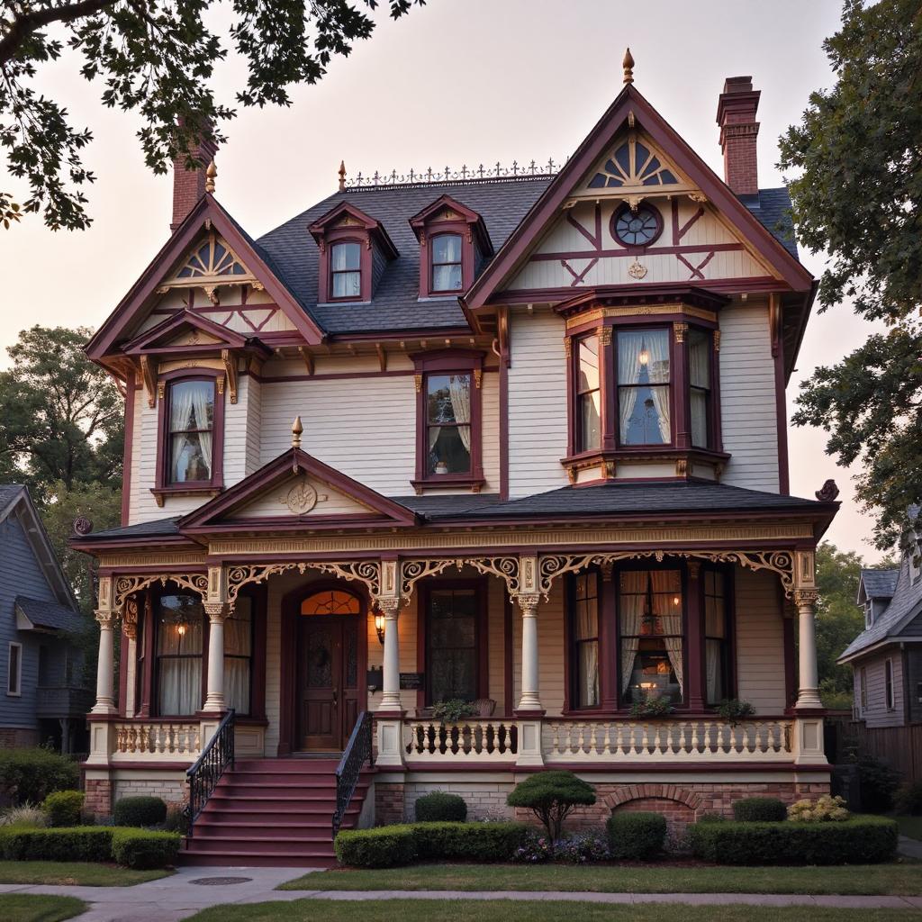 Large Victorian mansion house with ornate trim, gables, and a front porch