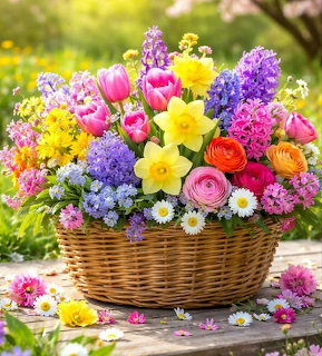 Vibrant spring flower basket with tulips, daffodils, hyacinths and daisies on rustic wooden table outdoors