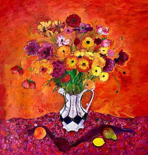 Painting of a colorful ranunculus bouquet in a white vase on a purple table with an orange background